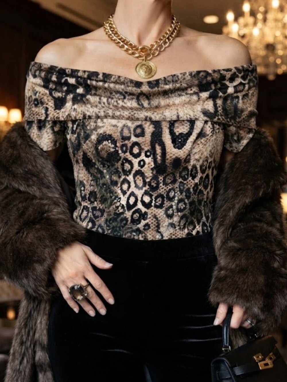 Joseph Ribkoff Leopard Print Off Shoulder Top